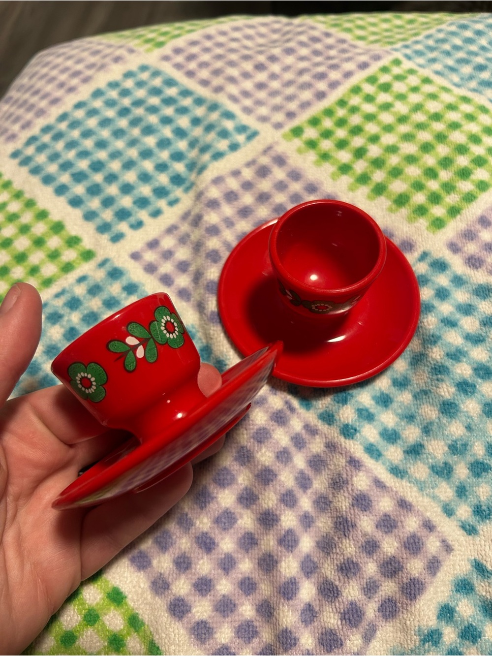 Vintage Denmark Red Floral Egg Cup & Saucer Set Plastic